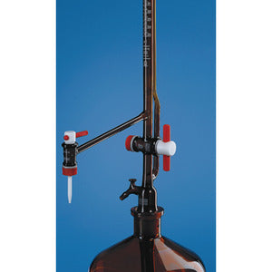 Buretta automatica, tipo Pellet, vetro borosilicato 5.4 ambrato, classe B, con rubinetto