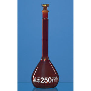 Matracci tarati, vetro borosilicato 3.3, classe A, ambra, graduazione bianca, con tappo in vetro, incl. certificato di lotto USP