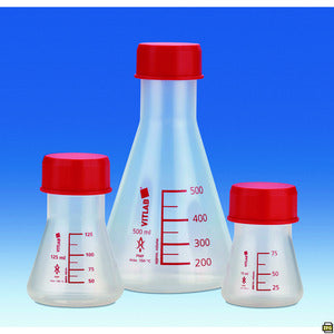 Beute Erlenmeyer, bocca larga, PMP, GL 45, con tappo a vite rosso, PP