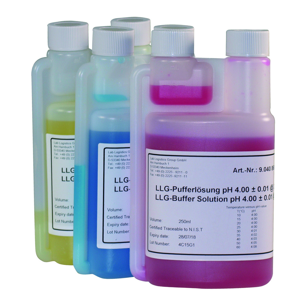 Soluzioni tampone pH, con codifica colore in bottiglie dispensatrici a due colli